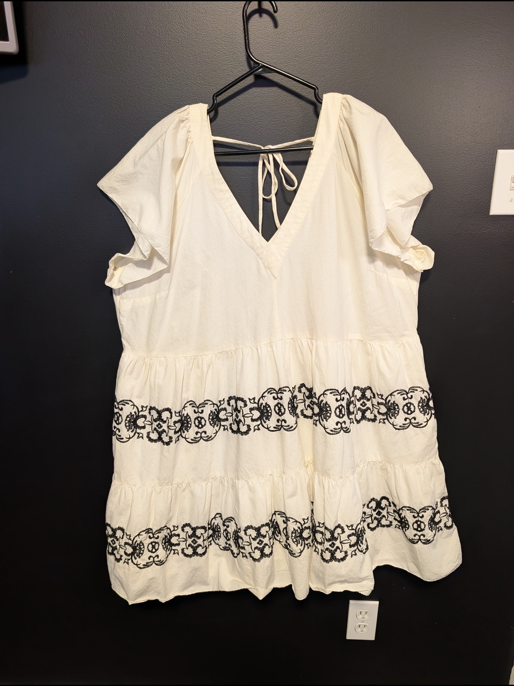 Old Navy Cream Mini Swing Dress with Black Embroidery